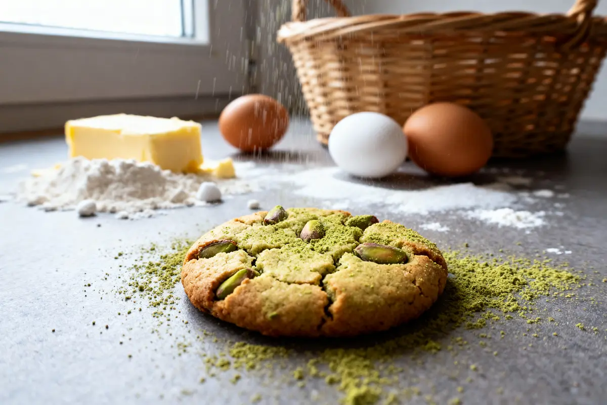Biscuit au thé matcha et pistaches sur table, ingrédients en arrière-plan : farine, beurre, œufs, panier.