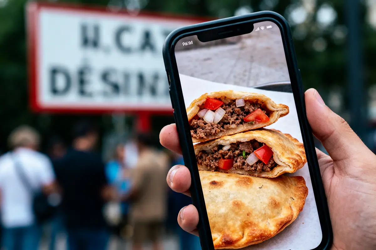 Main tenant un téléphone montrant une empanada ouverte, arrière-plan flou avec des personnes.
