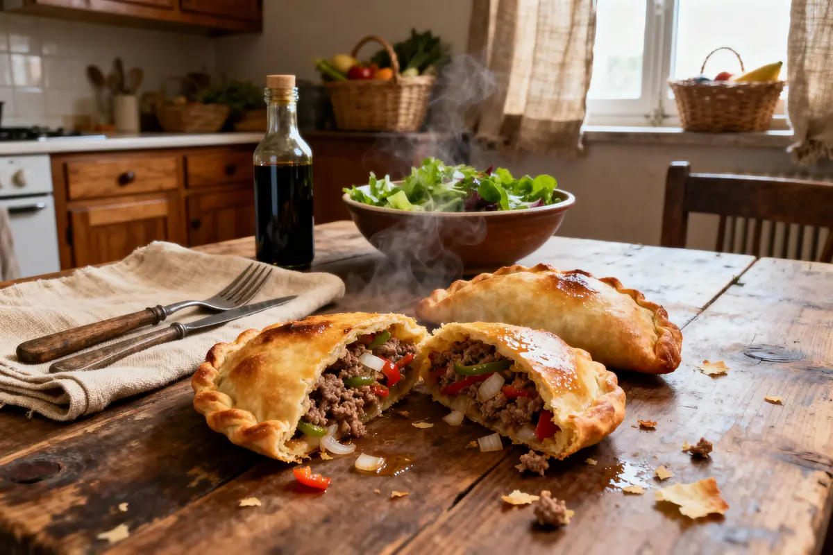 Empanadas au bœuf et légumes sur table en bois, avec salade et bouteille d'huile. Cuisine rustique.