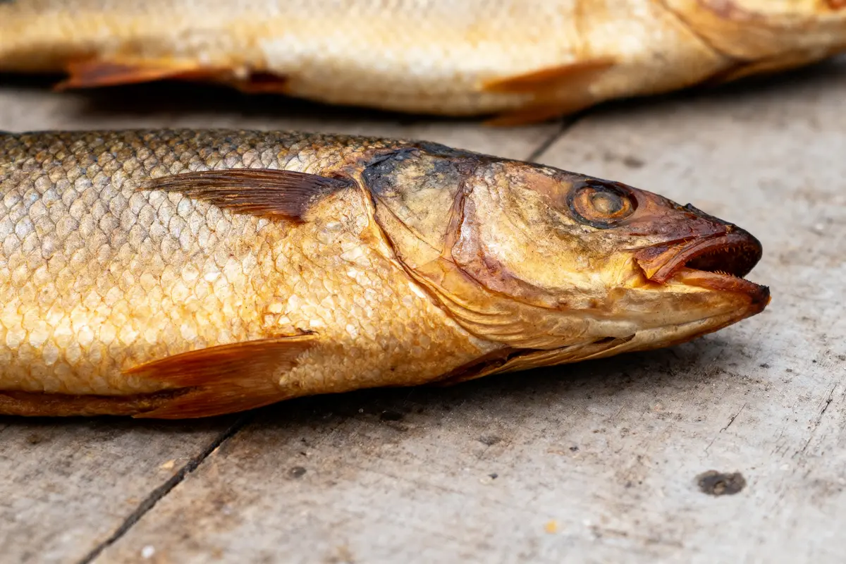 Poisson entier fumé posé sur une surface en bois, photographié de près.