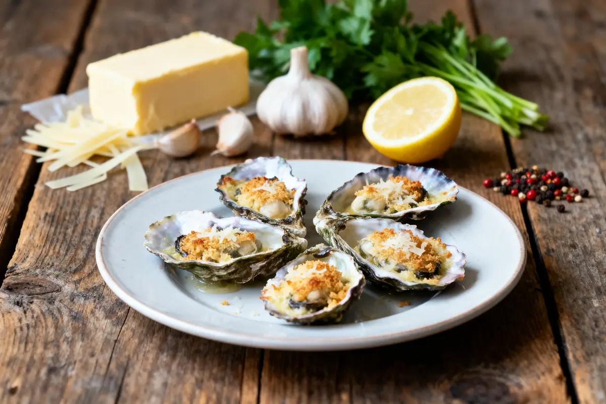 Huîtres gratinées sur assiette blanche, avec beurre, ail, citron, persil et poivre sur table en bois.