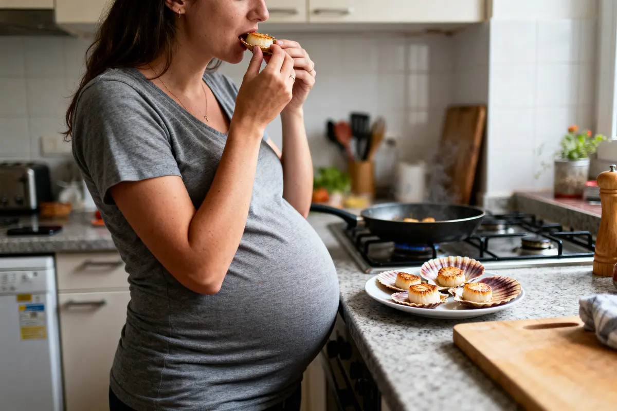 Femme enceinte mangeant des pétoncles dans une cuisine moderne, assiette et poêle visibles sur le comptoir.