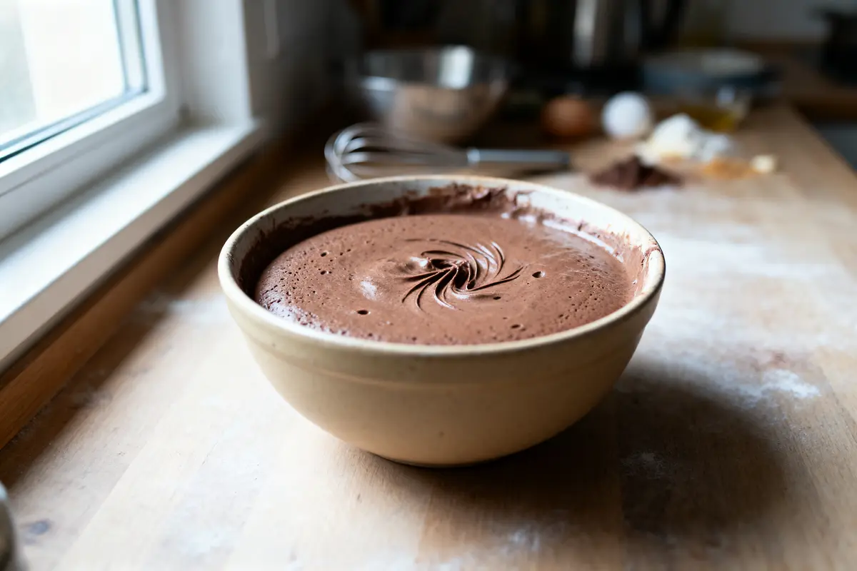 Bol de mélange chocolaté crémeux sur un plan de travail en bois, avec fouet en arrière-plan.