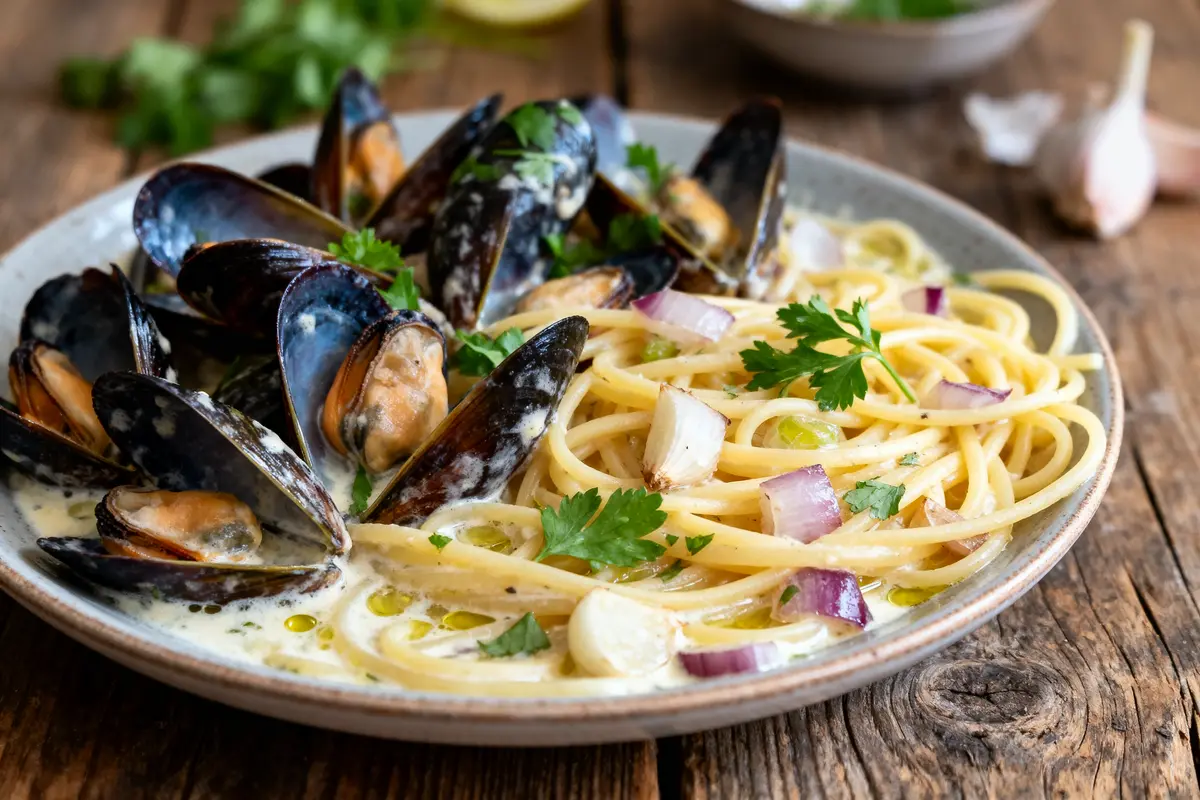 Spaghetti aux moules avec persil, oignons rouges, ail et huile d'olive dans une assiette en céramique.