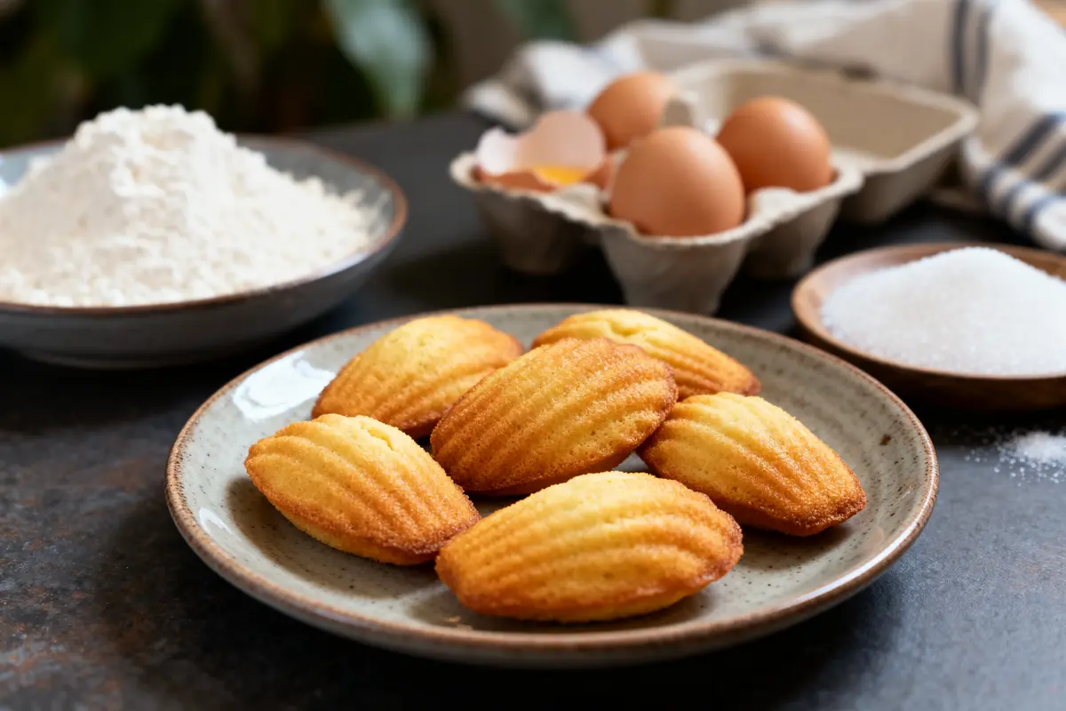 Assiette de madeleines dorées, ingrédients de pâtisserie visibles : farine, œufs, sucre en arrière-plan.