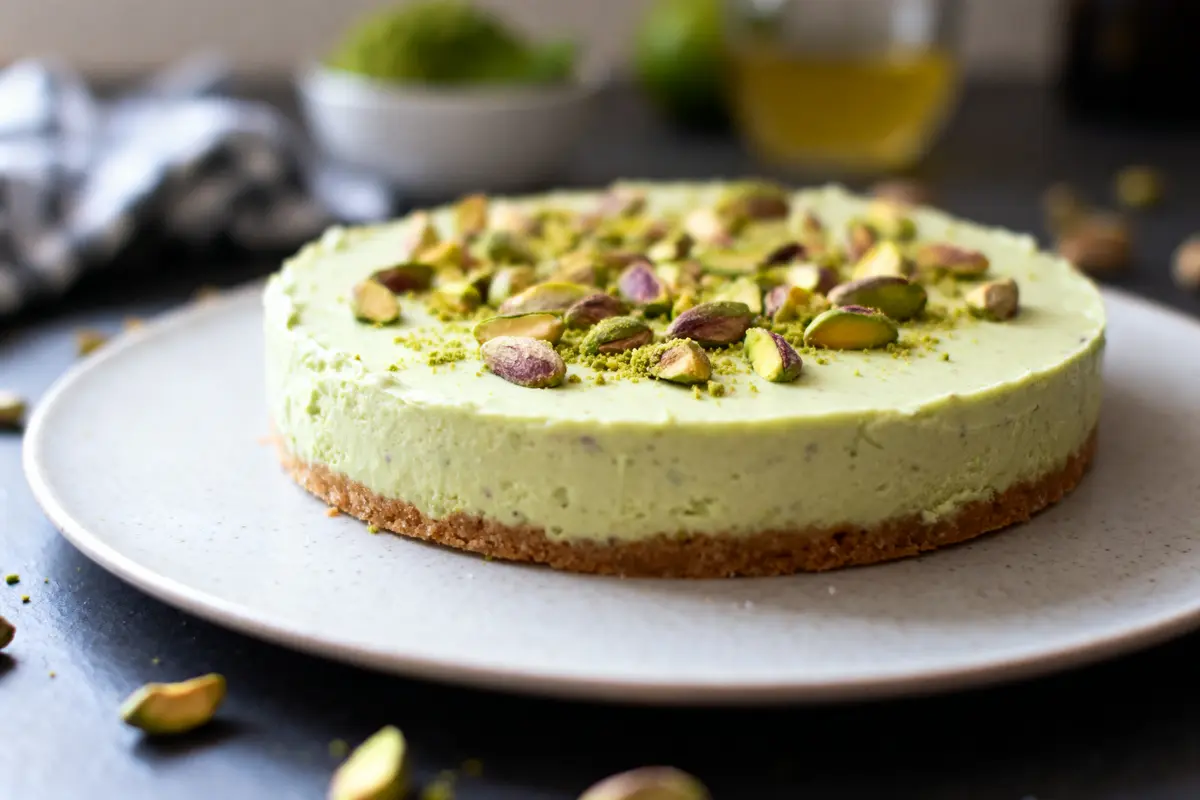 Cheesecake pistache sur assiette, décoré de pistaches entières et émiettées, fond biscuité.