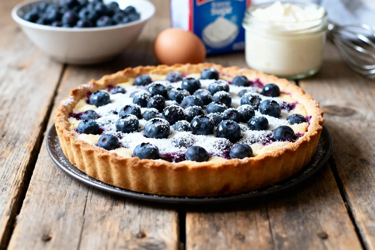 Tarte aux myrtilles saupoudrée de sucre glace, sur table en bois rustique, avec ingrédients en arrière-plan.