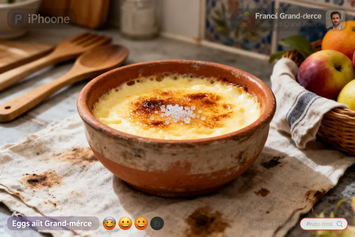 Bol de crème brûlée sur une table, avec ustensiles en bois et corbeille de fruits.