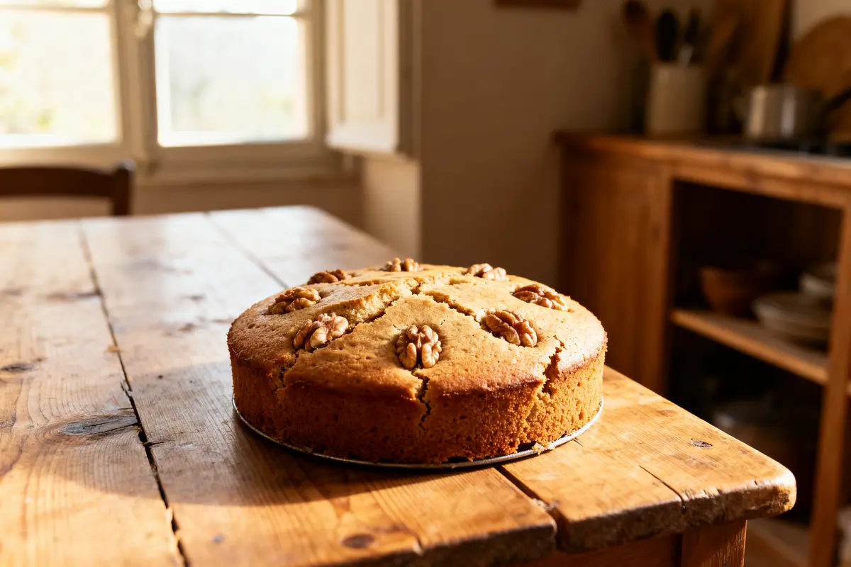 Gâteau aux noix sur une table en bois dans une cuisine lumineuse et rustique.