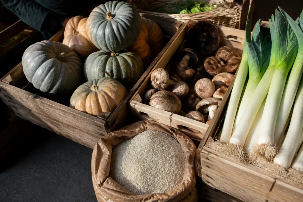Courges, champignons, poireaux et riz sur un étal de marché en automne